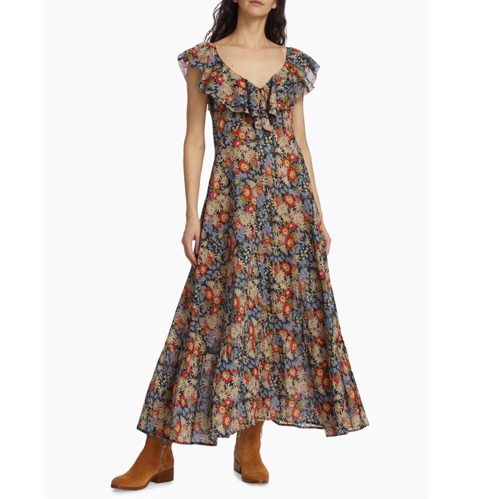 THE GREAT. Green and Orange Ruffled Tiered Maxi Dress - SIZE 0